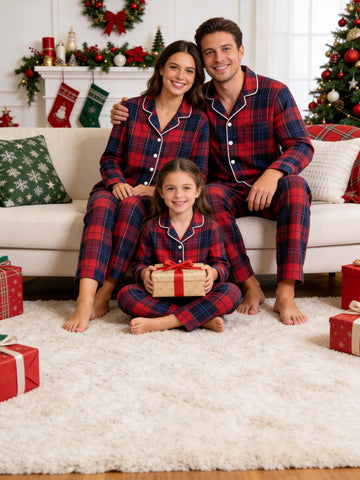 Matching Family Christmas Pajamas - Red & Navy Blue Tartan Plaid Button-Down Sleep Set