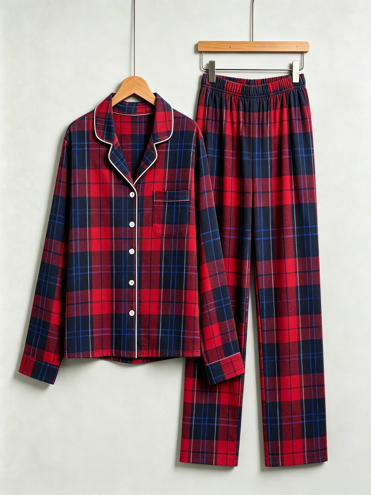 Matching Couple Christmas Pajamas - Red & Navy Blue Tartan Plaid Button-Down Sleep Set