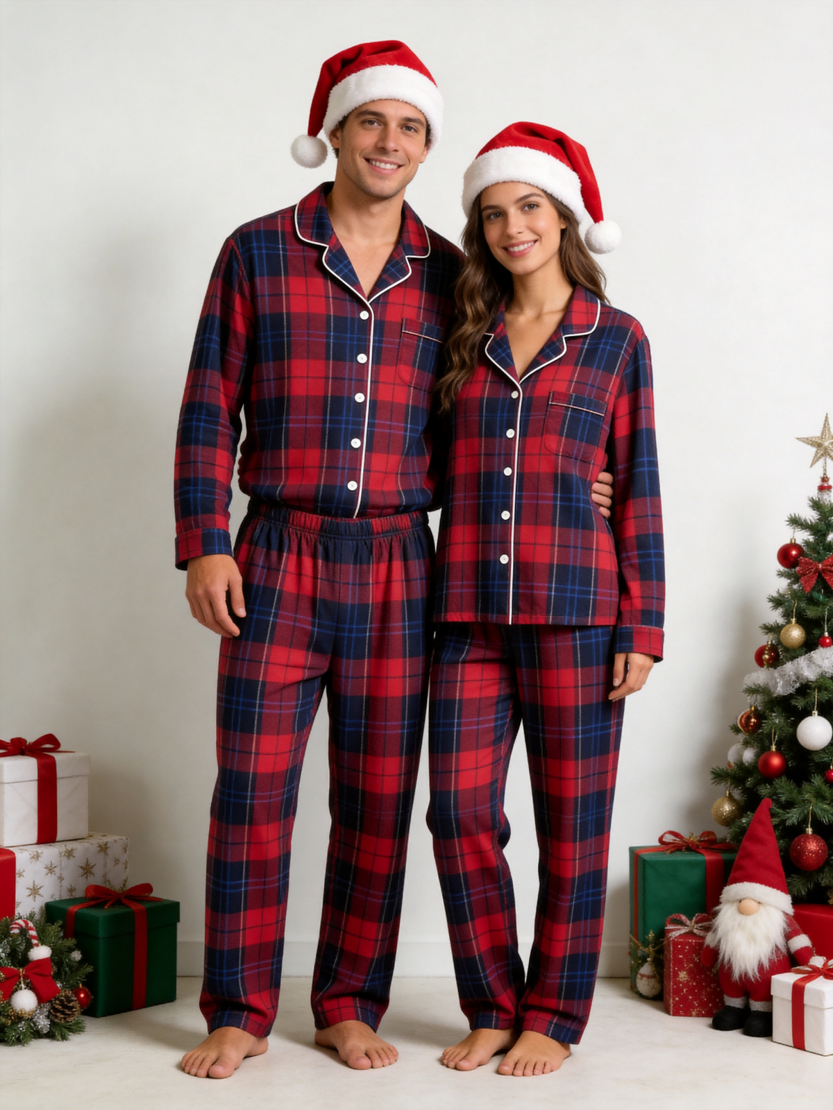 Matching Family Christmas Pajamas - Red & Navy Blue Tartan Plaid Button-Down Sleep Set