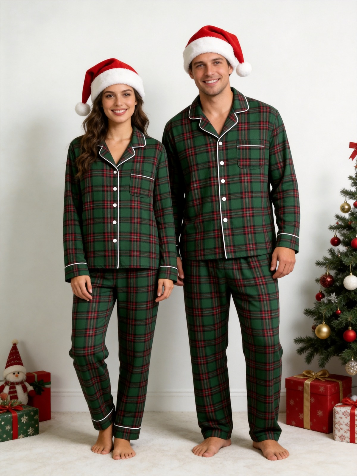 Matching Family Christmas Pajamas - Dark Green & Red Tartan Plaid Button-Down Sleepwear