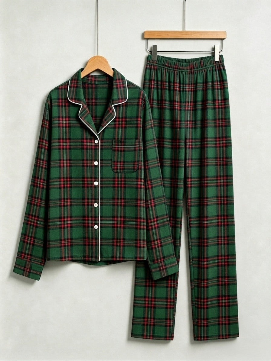 Matching Couple Christmas Pajamas - Dark Green & Red Tartan Plaid Button-Down Sleepwear