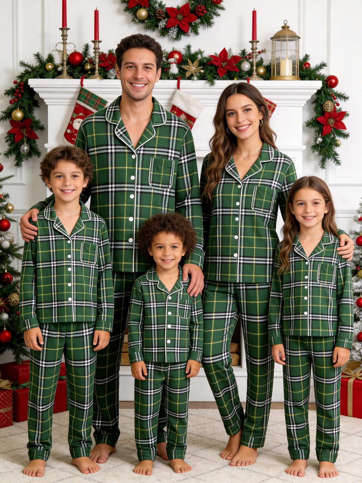 Matching Family Christmas Pajamas - Green & White Windowpane Plaid Button-Down Set