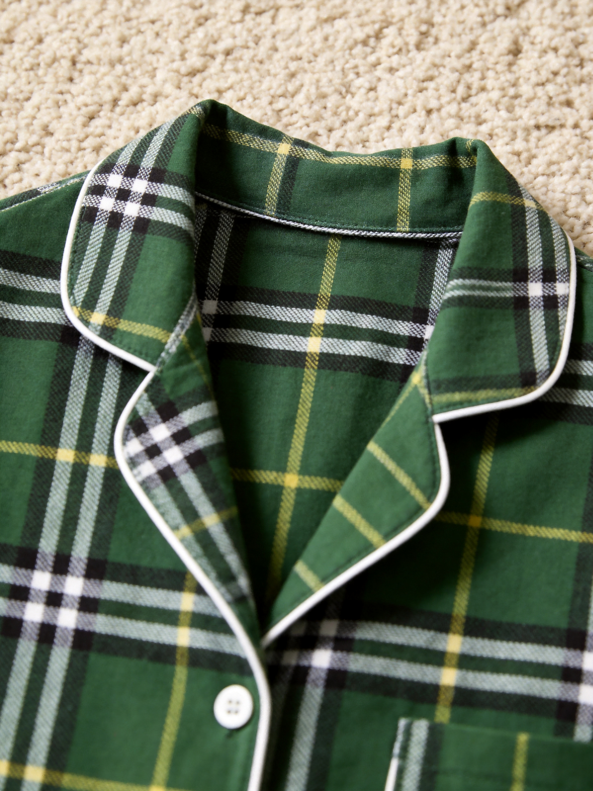 Matching Couple Christmas Pajamas - Green & White Windowpane Plaid Button-Down Set