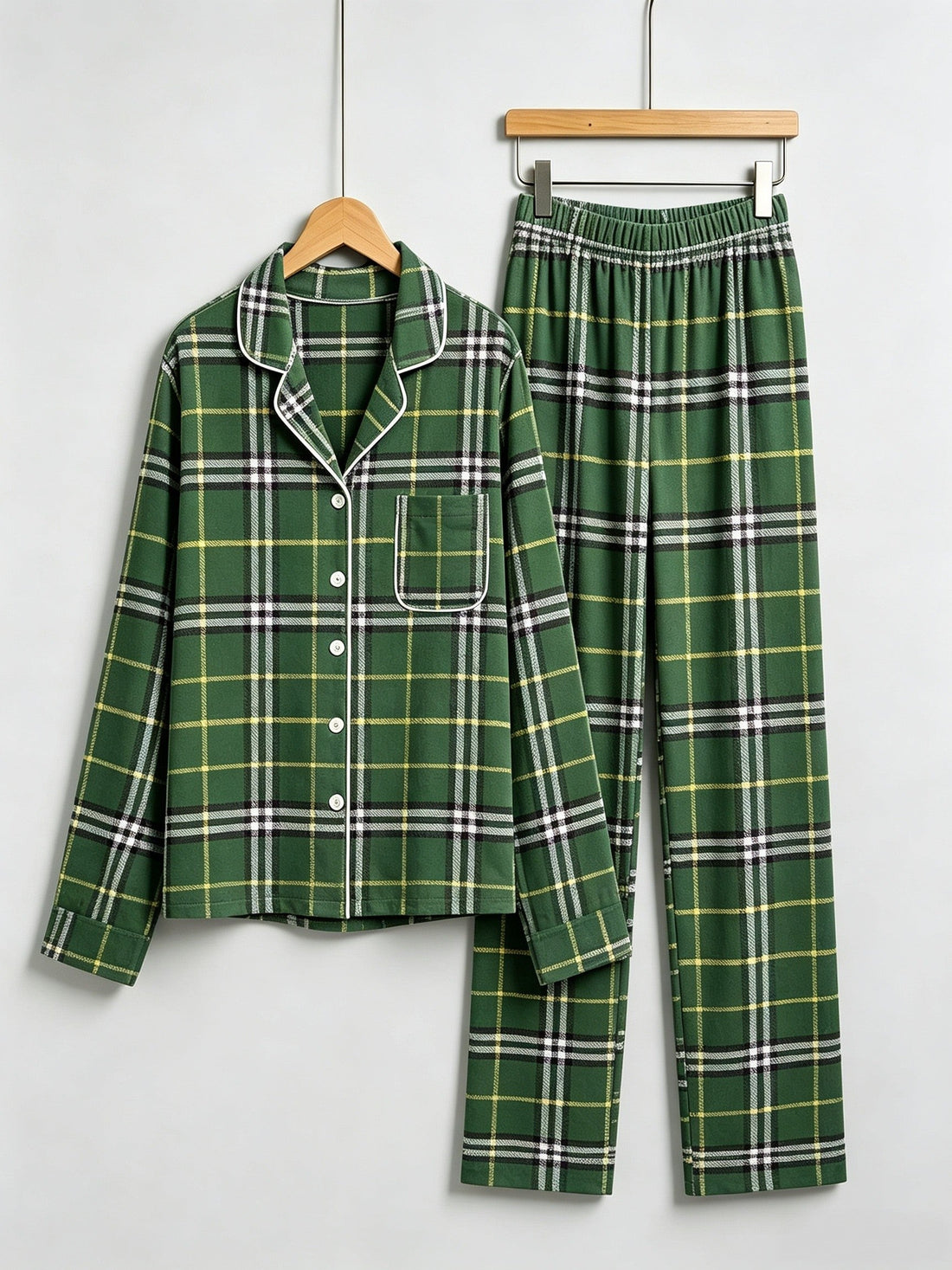 Matching Couple Christmas Pajamas - Green & White Windowpane Plaid Button-Down Set