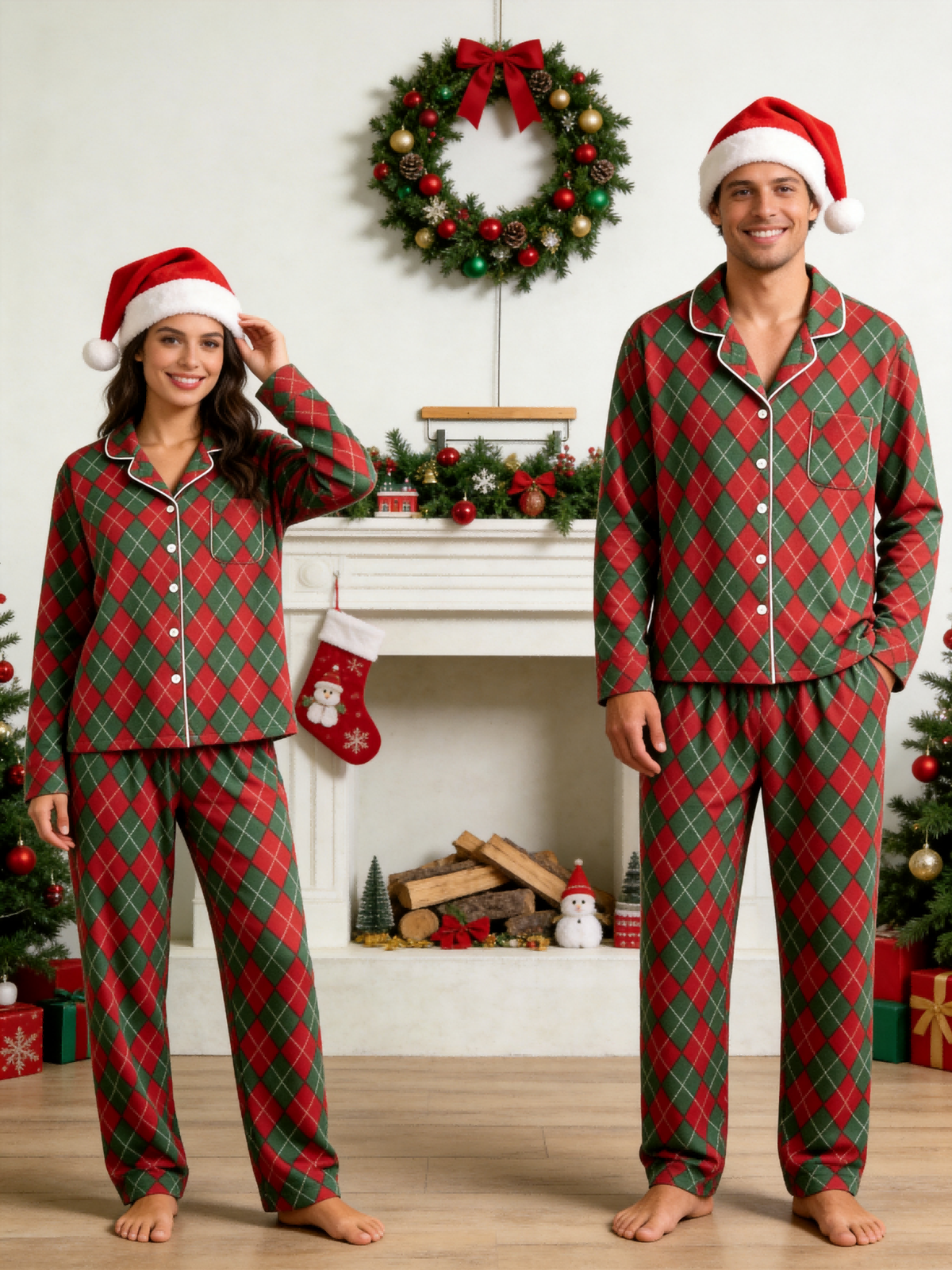 Matching Family Christmas Pajamas - Red & Green Argyle Diamond Plaid Button-Down Sleep Set