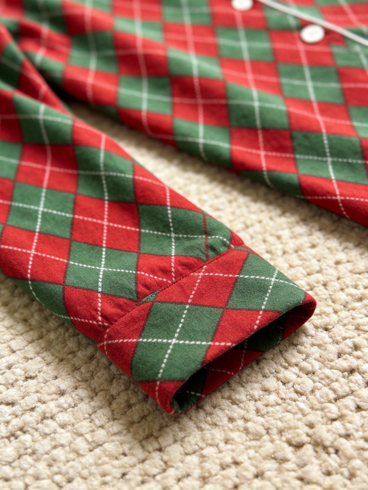 Matching Couple Christmas Pajamas - Red & Green Argyle Diamond Plaid Button-Down Sleep Set