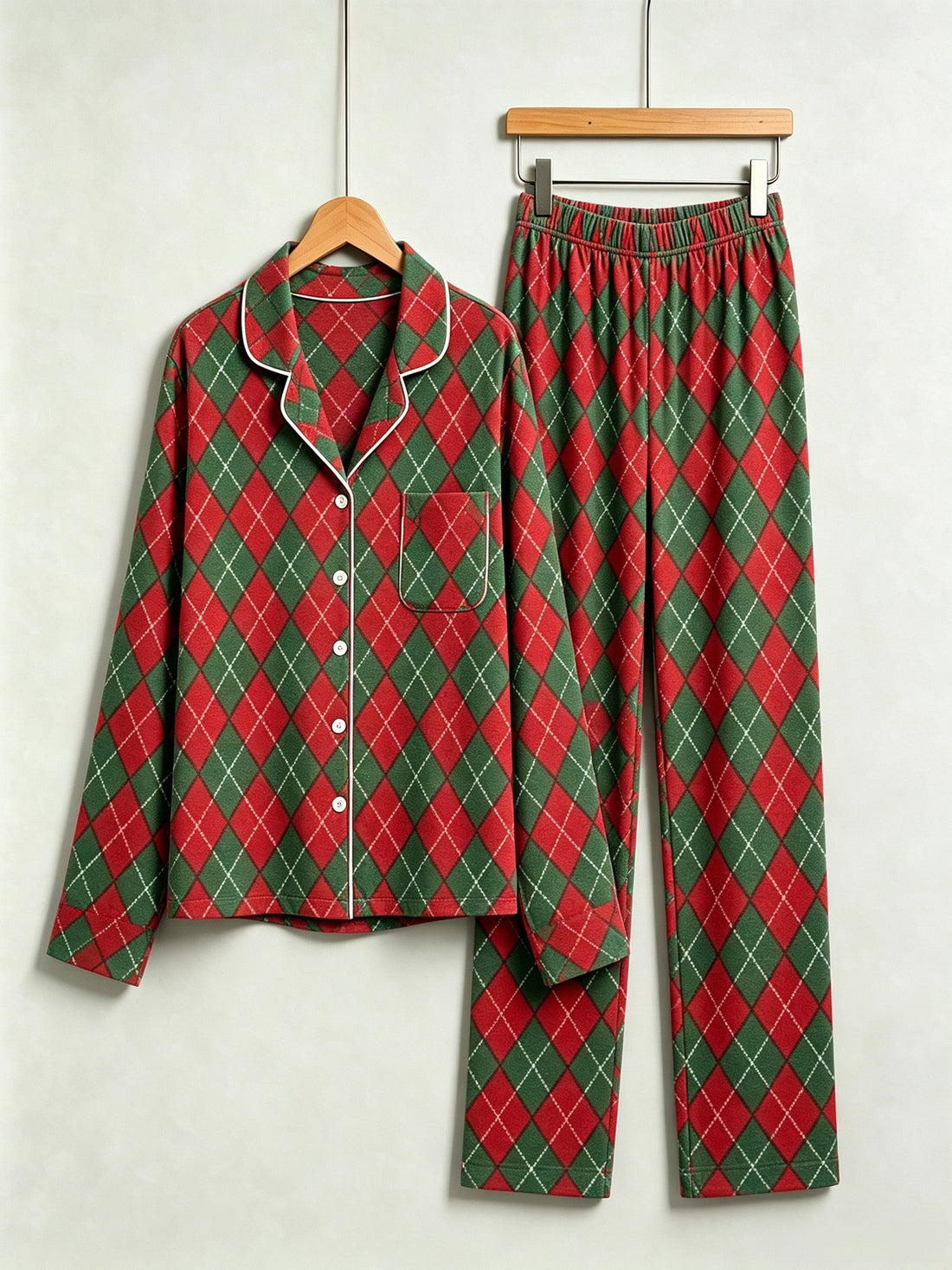 Matching Couple Christmas Pajamas - Red & Green Argyle Diamond Plaid Button-Down Sleep Set