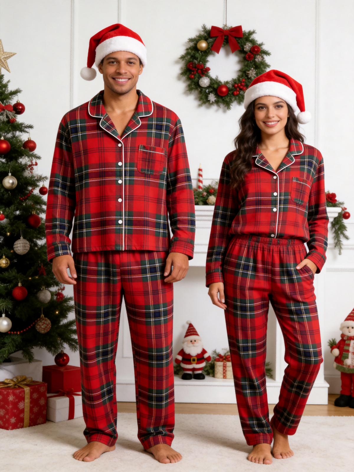Matching Family Christmas Pajamas - Bright Red & Green Tartan Plaid Button-Down Sleep Set