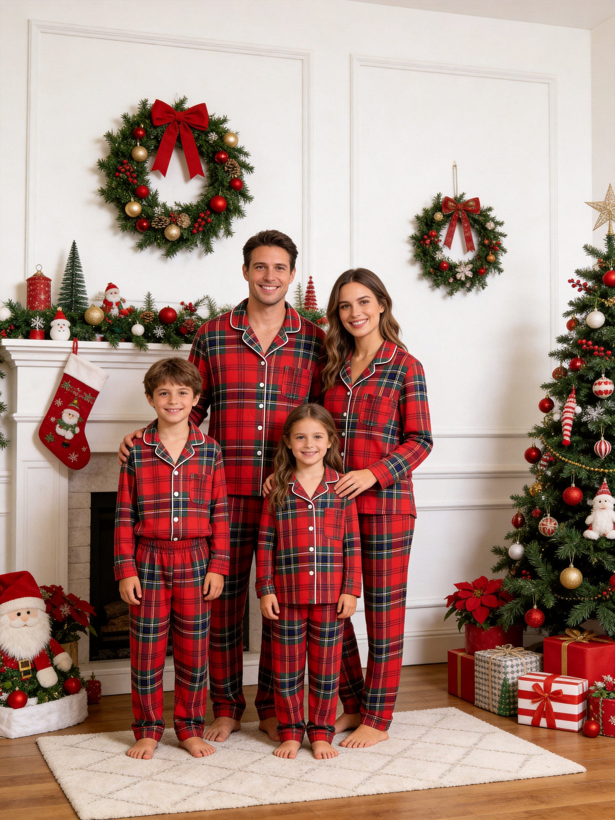 Matching Family Christmas Pajamas - Bright Red & Green Tartan Plaid Button-Down Sleep Set