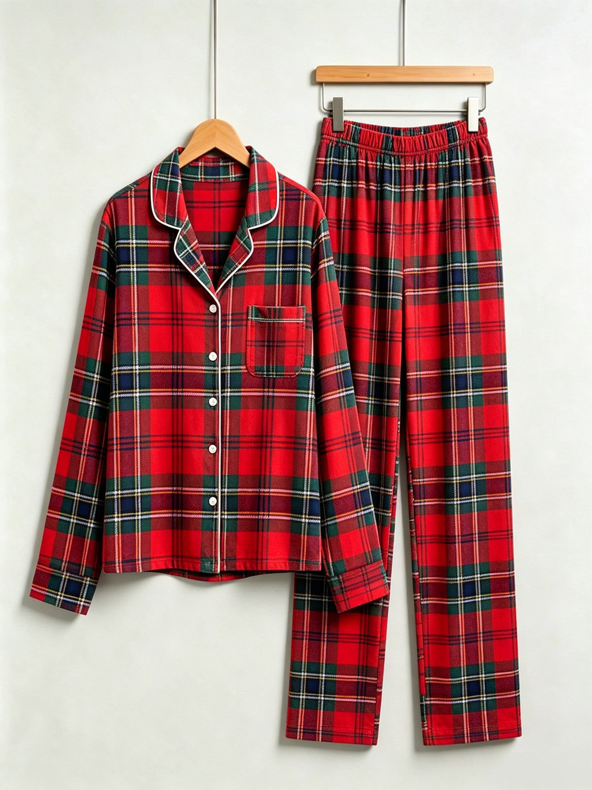 Matching Couple Christmas Pajamas - Bright Red & Green Tartan Plaid Button-Down Sleep Set
