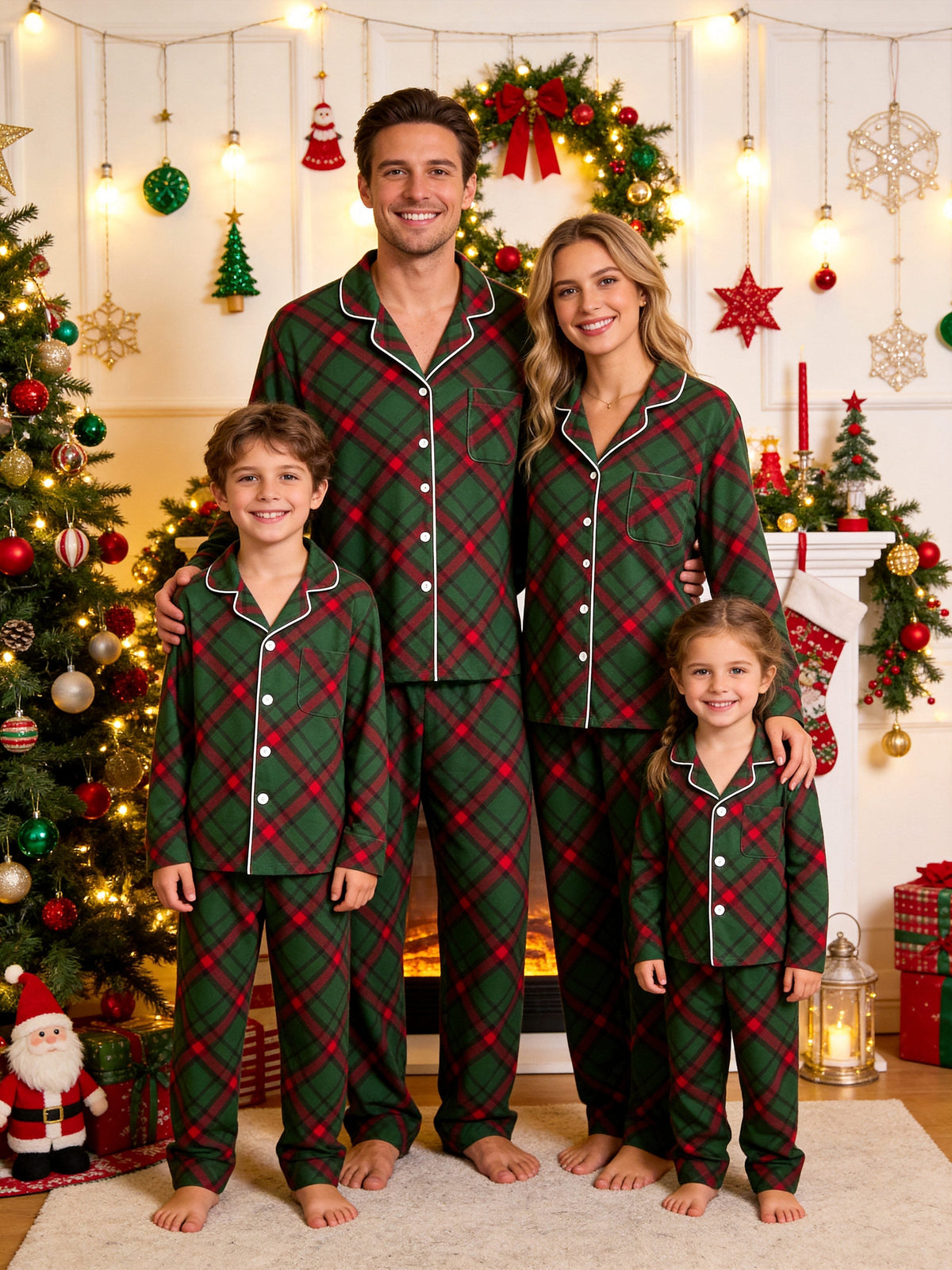 Matching Family Christmas Pajamas - Dark Green & Red Diagonal Plaid Button-Down Set