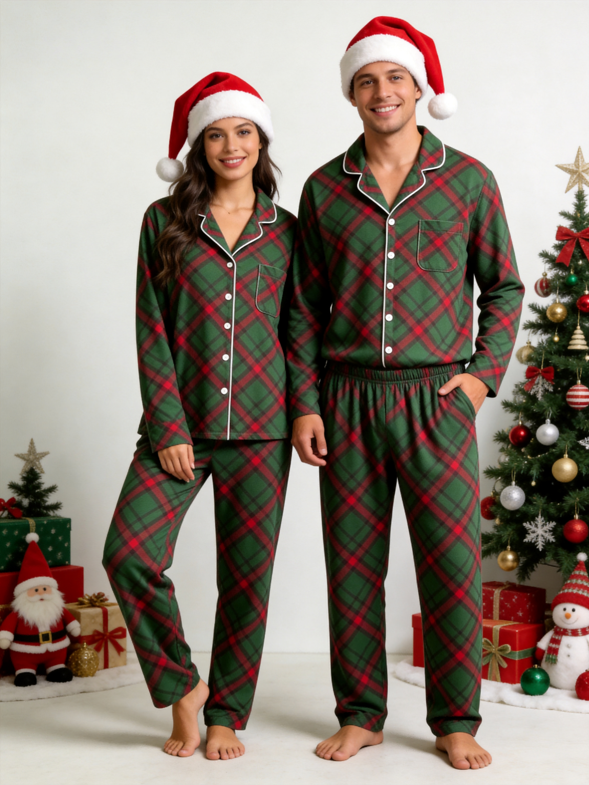 Matching Family Christmas Pajamas - Dark Green & Red Diagonal Plaid Button-Down Set