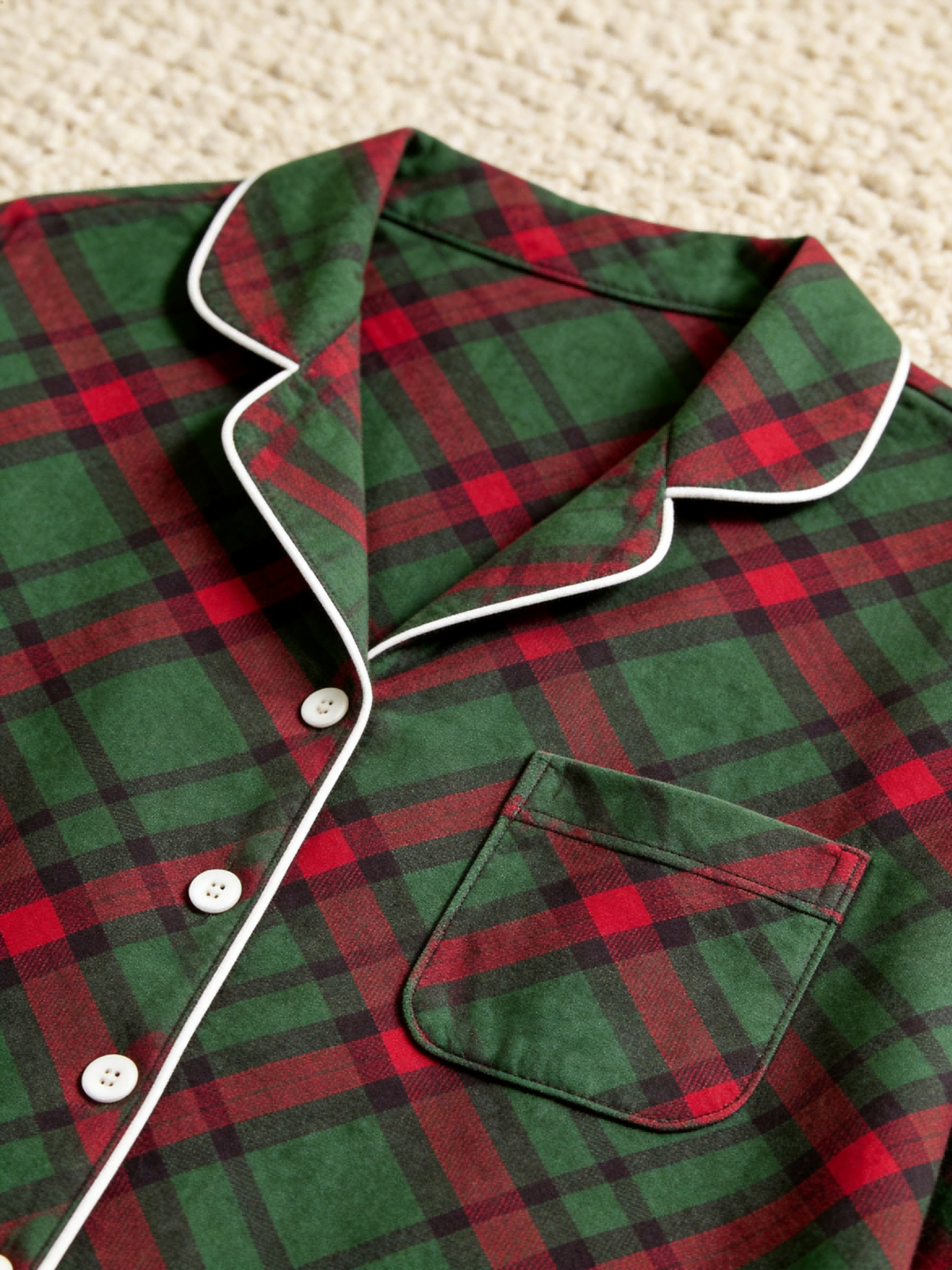 Matching Couple Christmas Pajamas - Dark Green & Red Diagonal Plaid Button-Down Set