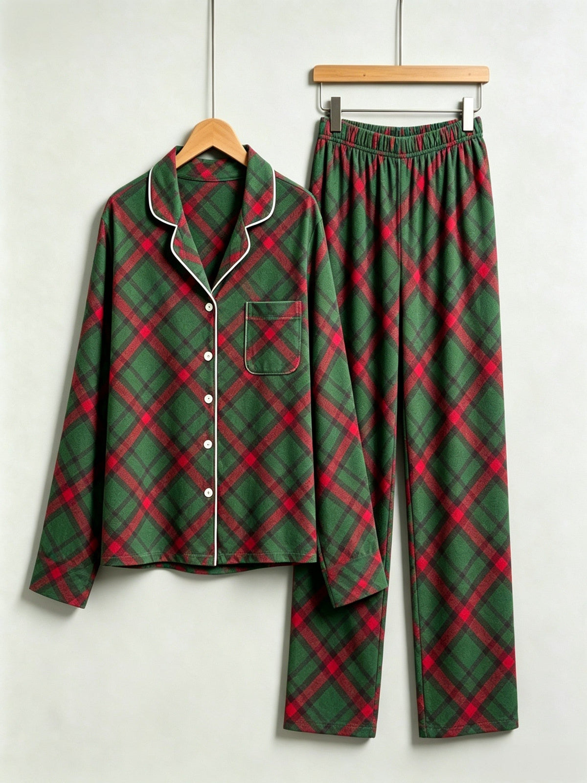 Matching Couple Christmas Pajamas - Dark Green & Red Diagonal Plaid Button-Down Set