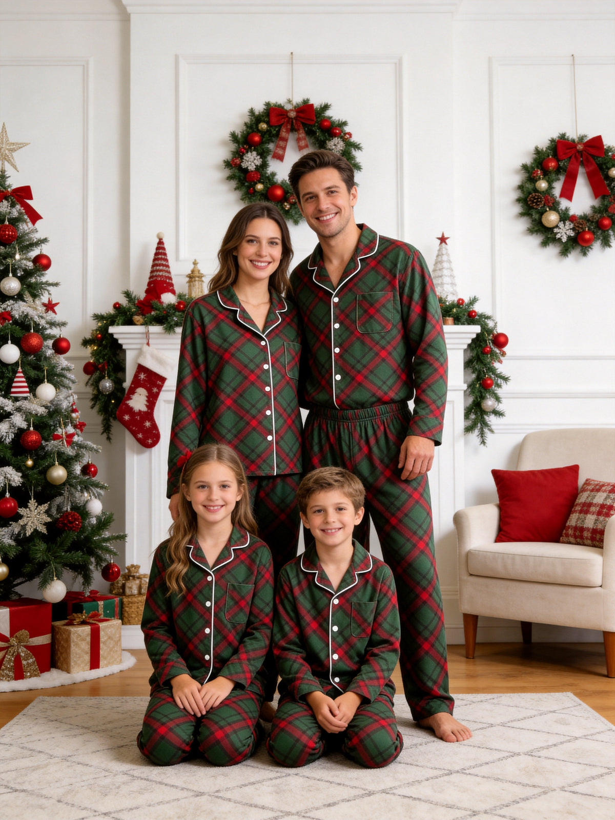Matching Family Christmas Pajamas - Dark Green & Red Diagonal Plaid Button-Down Set