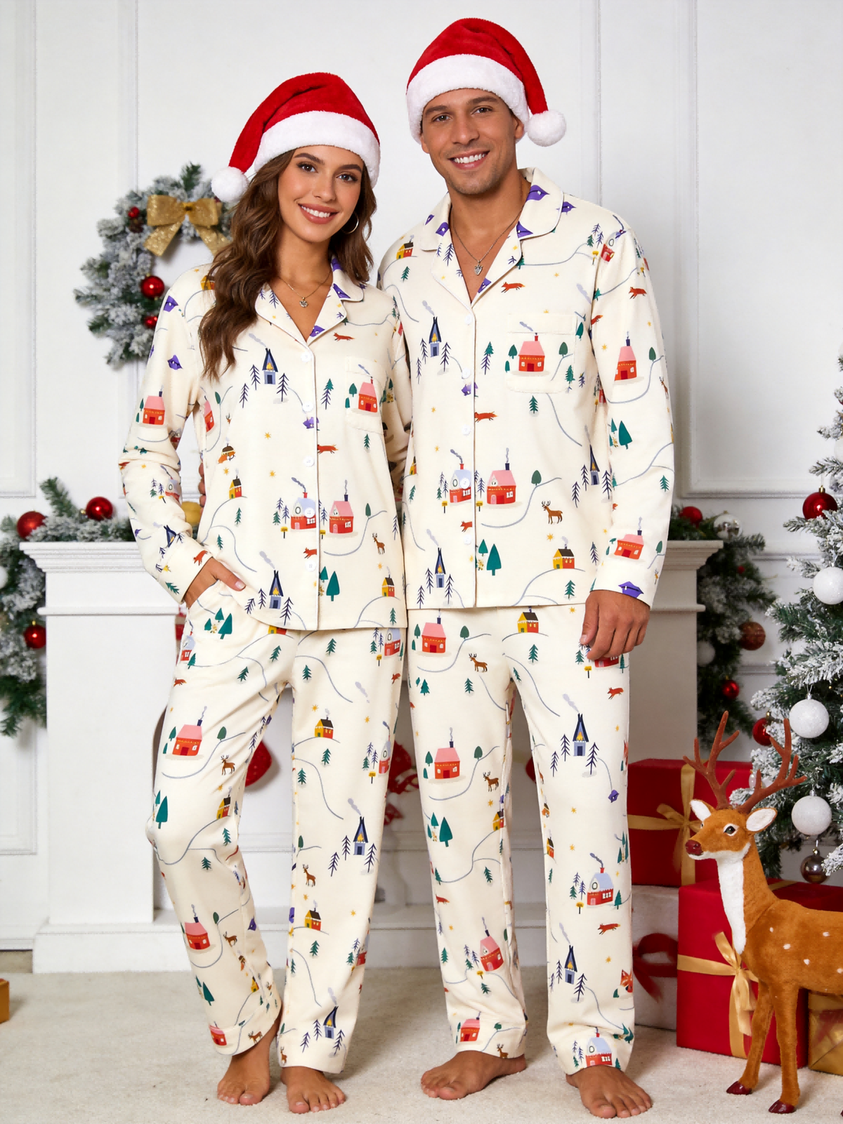 Matching Family Christmas Pajamas - Cozy Winter Village & Deer Print Button-Down Sleepwear