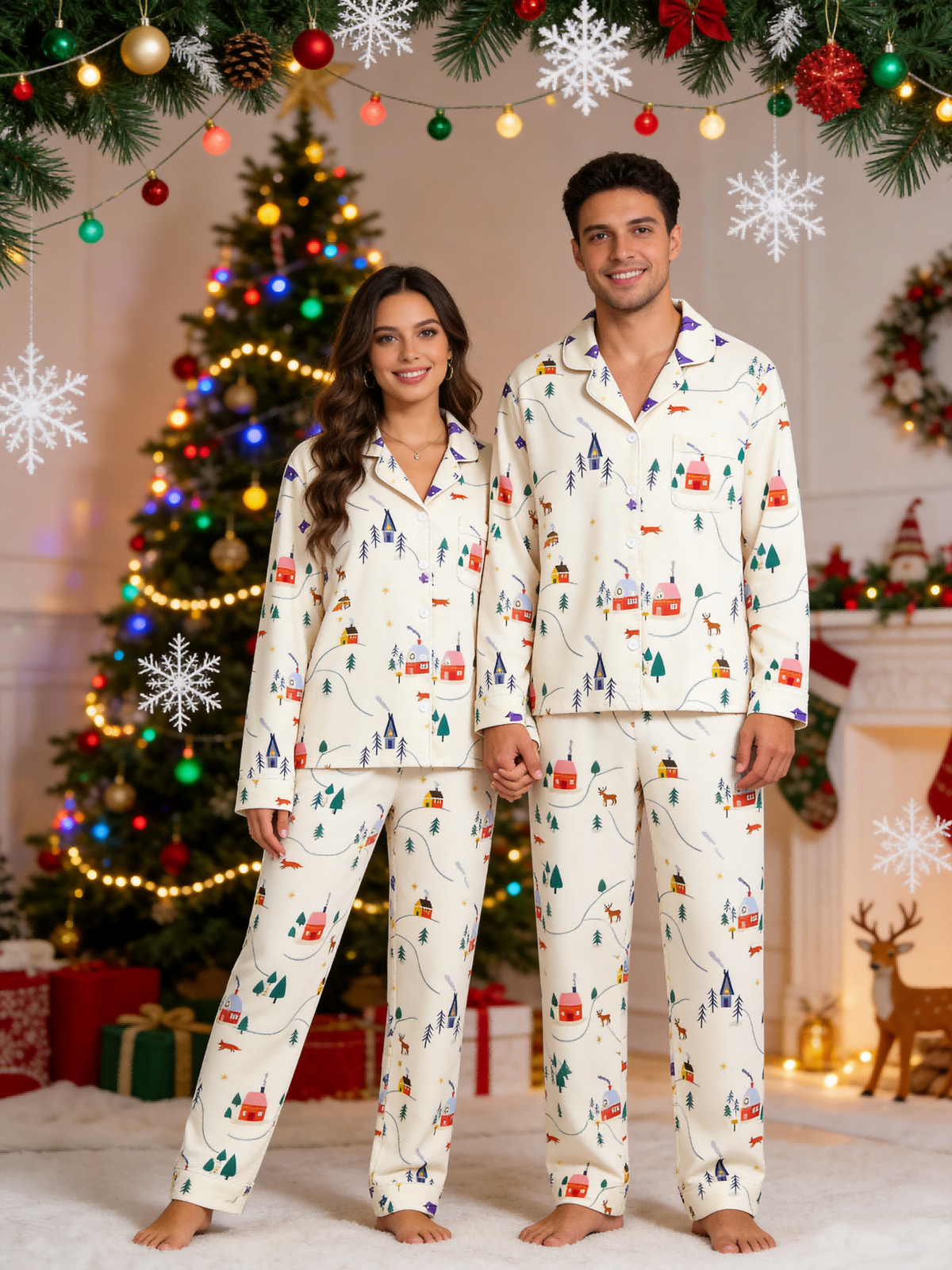 Matching Couple Christmas Pajamas - Cozy Winter Village & Deer Print Button-Down Sleepwear