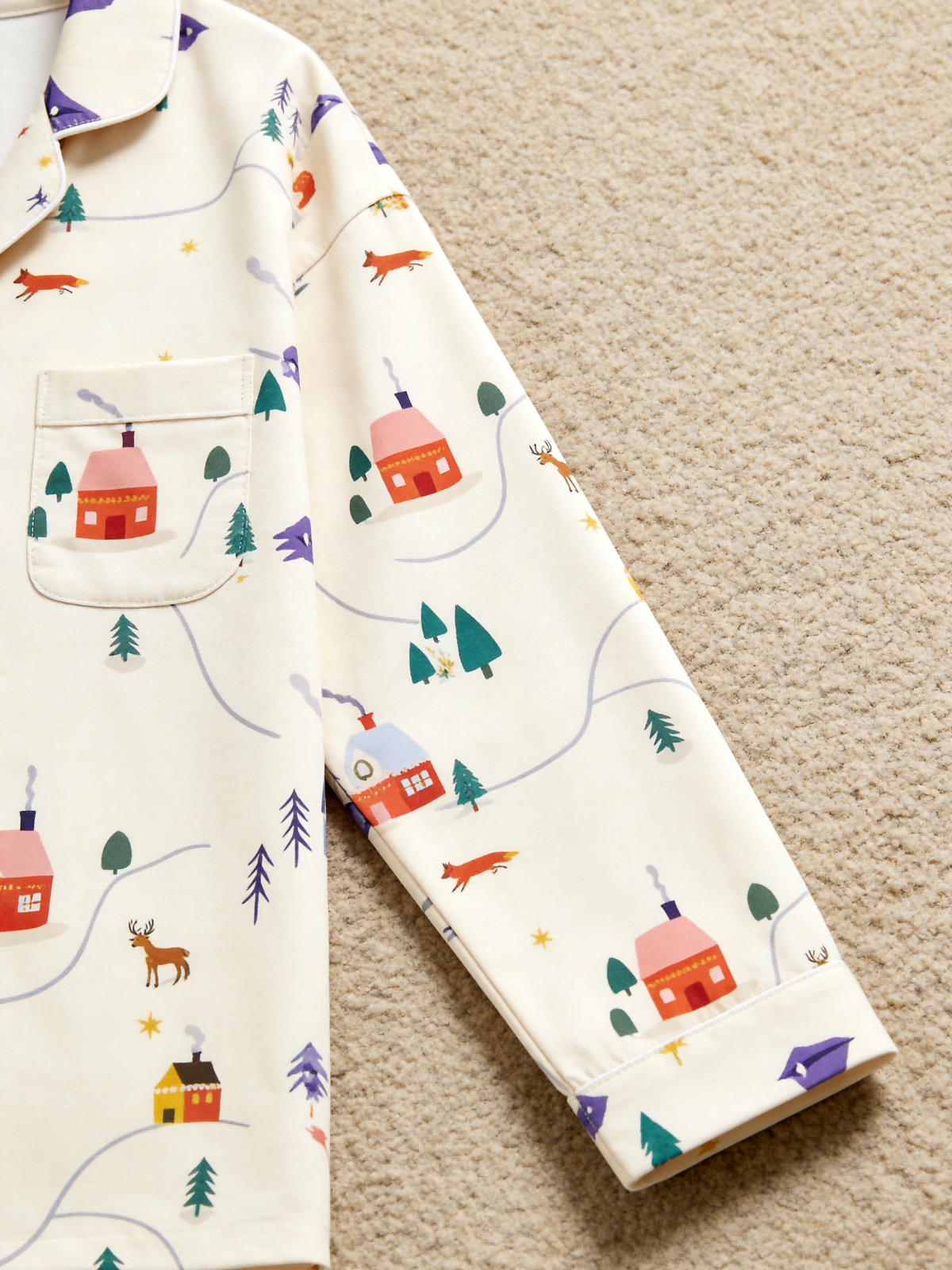 Matching Family Christmas Pajamas - Cozy Winter Village & Deer Print Button-Down Sleepwear