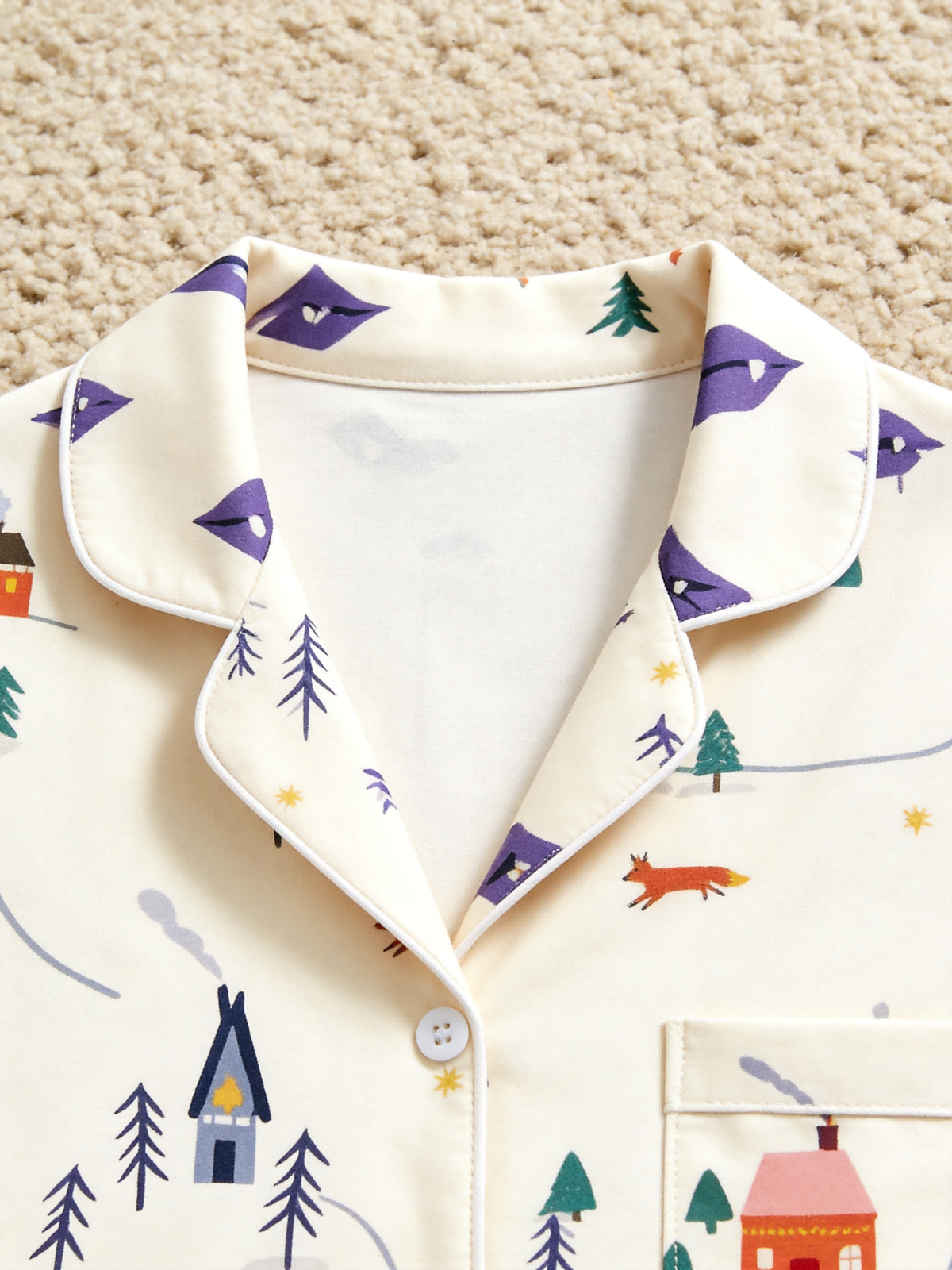 Matching Couple Christmas Pajamas - Cozy Winter Village & Deer Print Button-Down Sleepwear