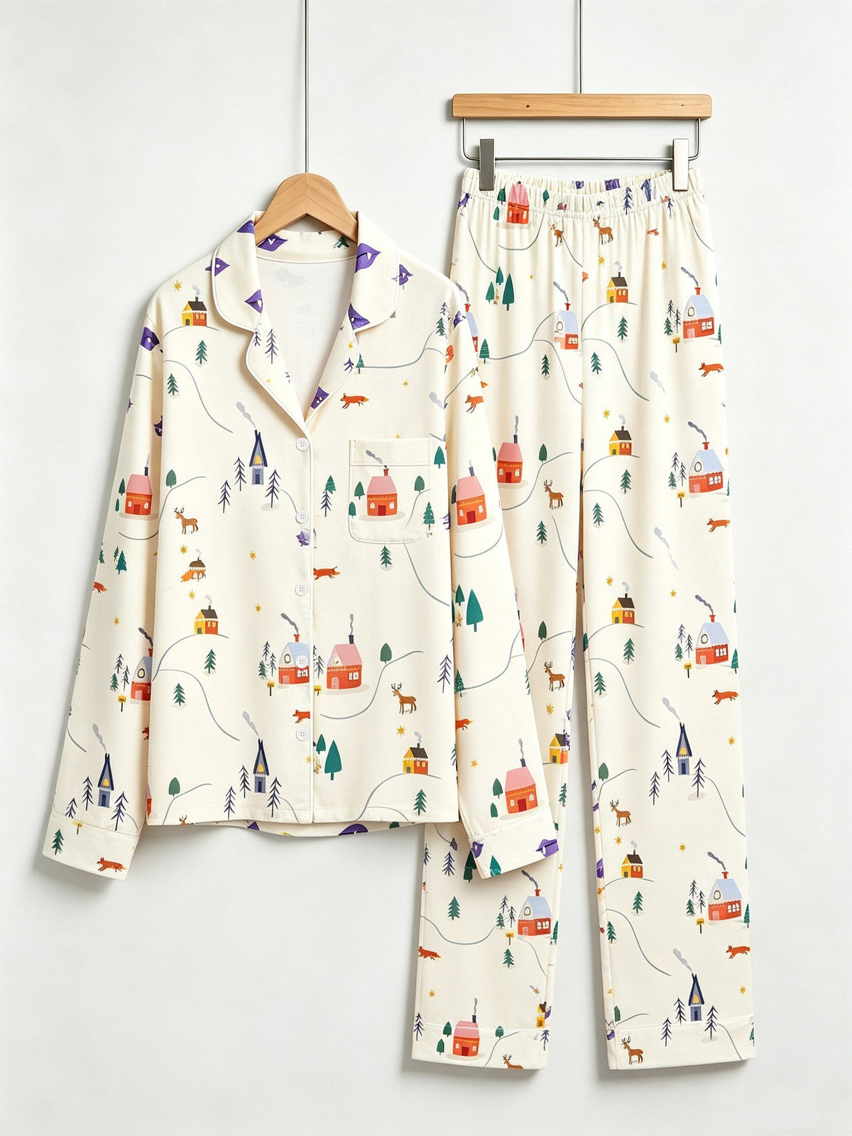 Matching Couple Christmas Pajamas - Cozy Winter Village & Deer Print Button-Down Sleepwear