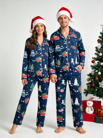 Matching Couple Christmas Pajamas - Navy Blue Holiday Car & Snowman Print Button-Down PJs