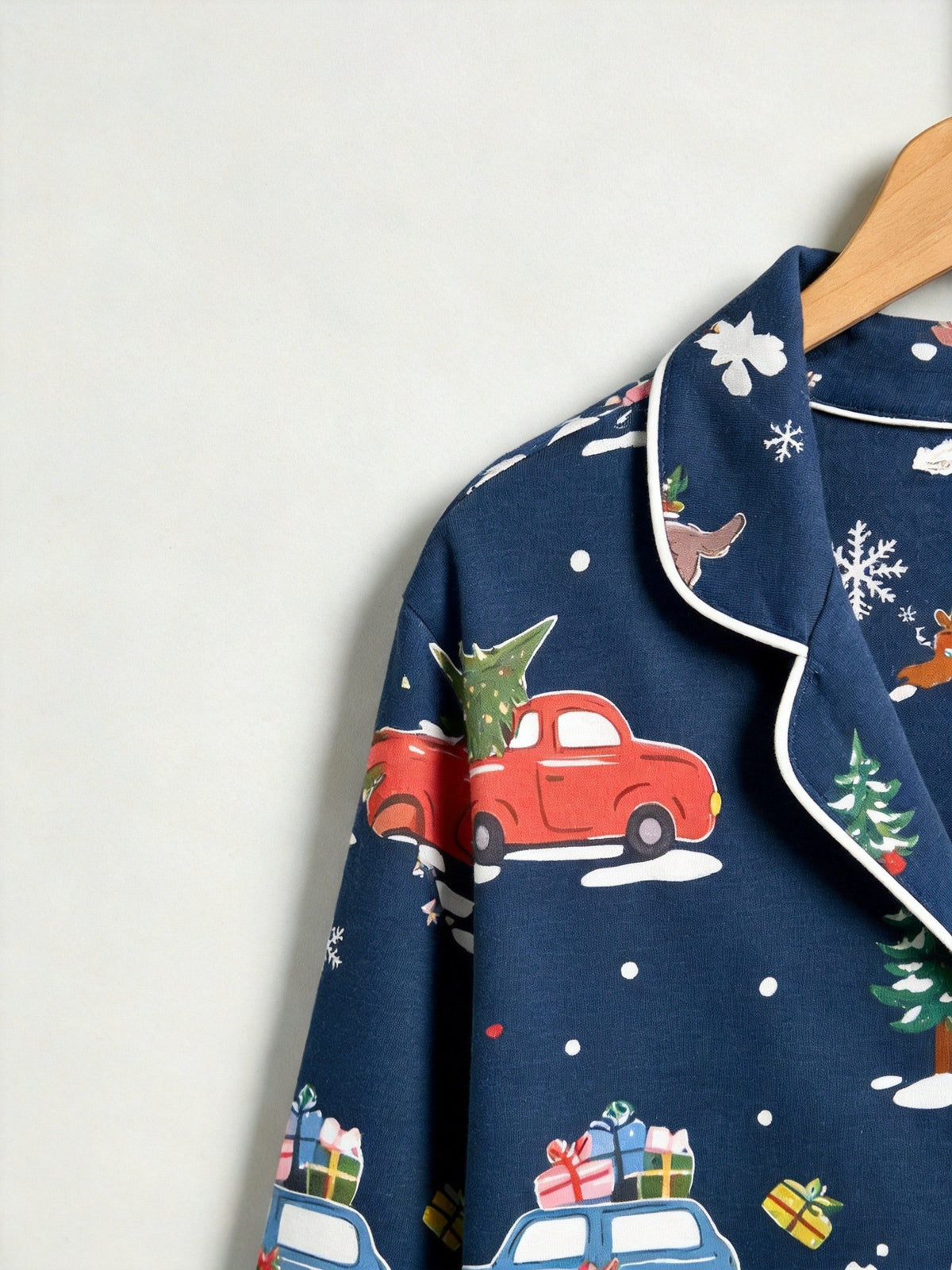 Matching Couple Christmas Pajamas - Navy Blue Holiday Car & Snowman Print Button-Down PJs