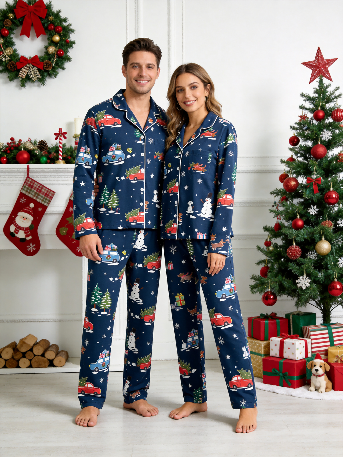 Matching Couple Christmas Pajamas - Navy Blue Holiday Car & Snowman Print Button-Down PJs