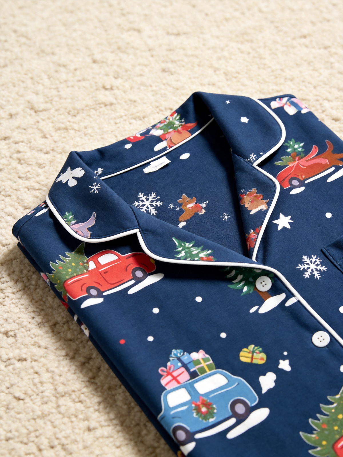 Matching Couple Christmas Pajamas - Navy Blue Holiday Car & Snowman Print Button-Down PJs