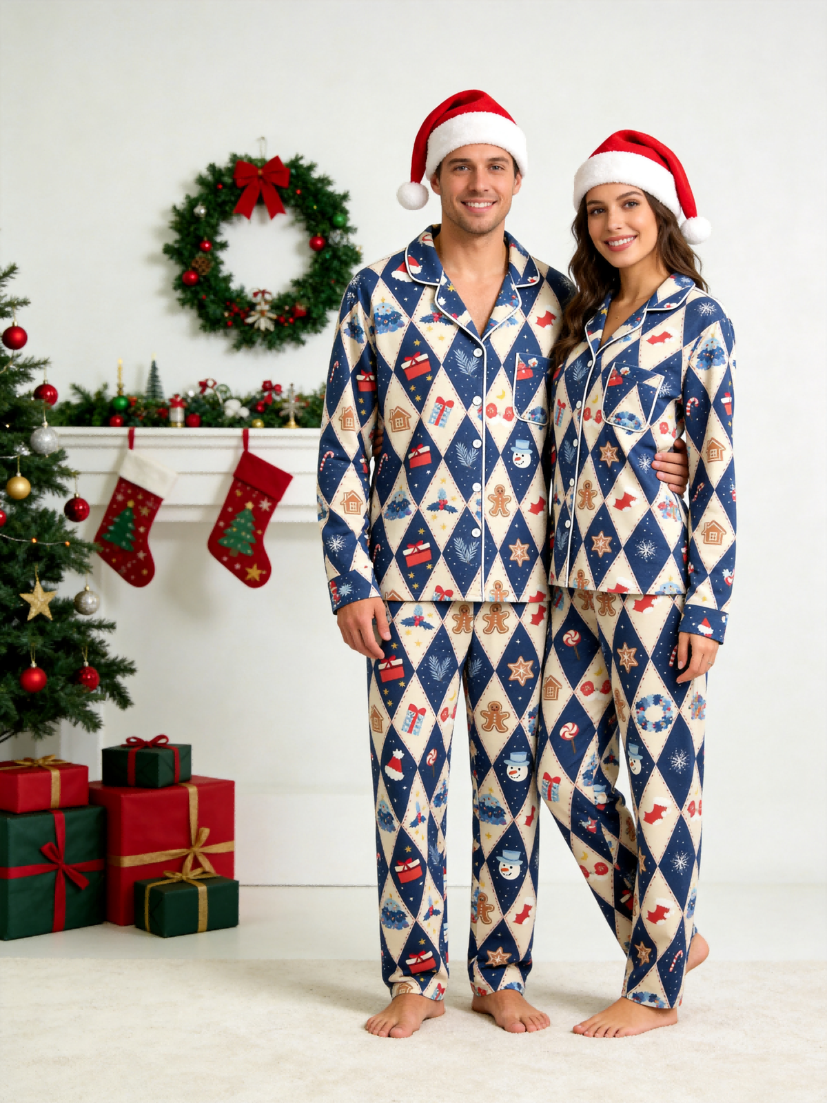 Matching Family Christmas Pajamas - Blue Diamond Print Gingerbread Man & Gift Button-Down Set