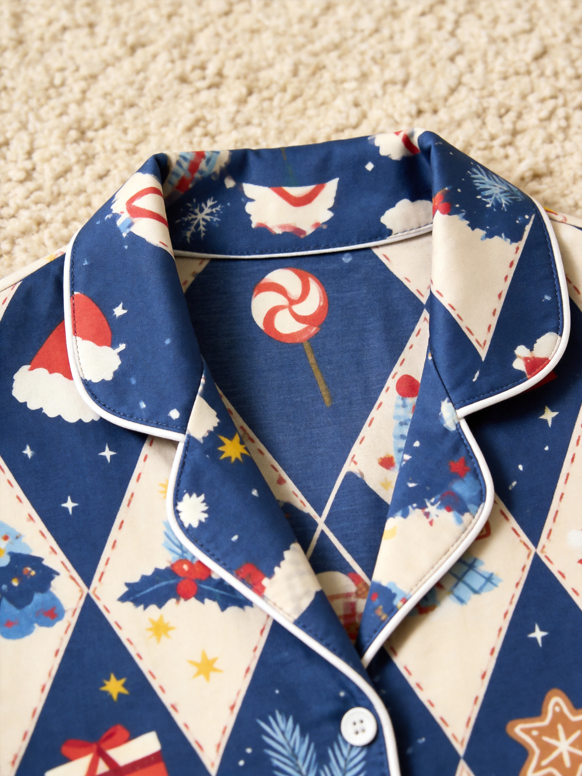 Matching Couple Christmas Pajamas - Blue Diamond Print Gingerbread Man & Gift Button-Down Set
