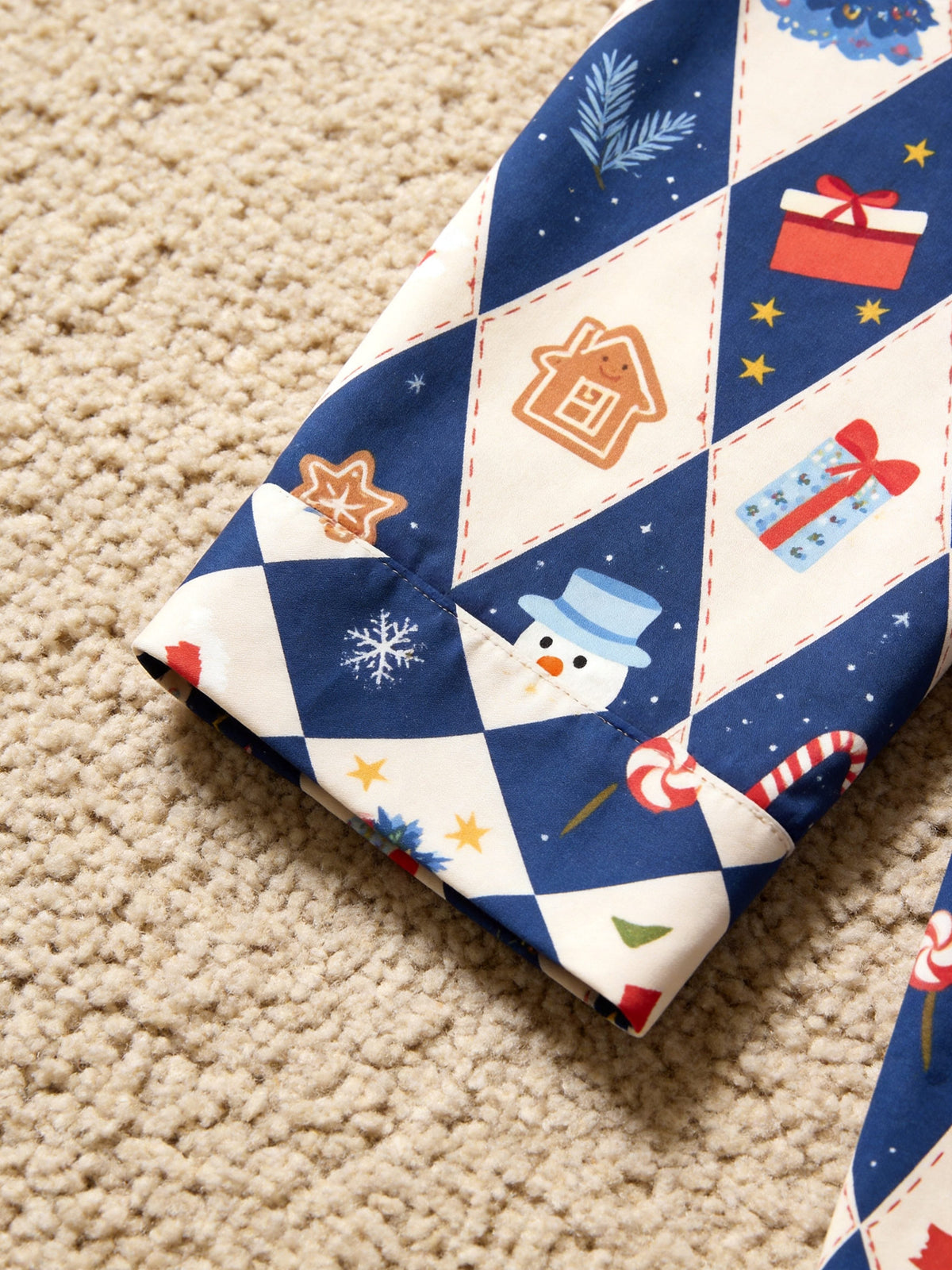 Matching Couple Christmas Pajamas - Blue Diamond Print Gingerbread Man & Gift Button-Down Set