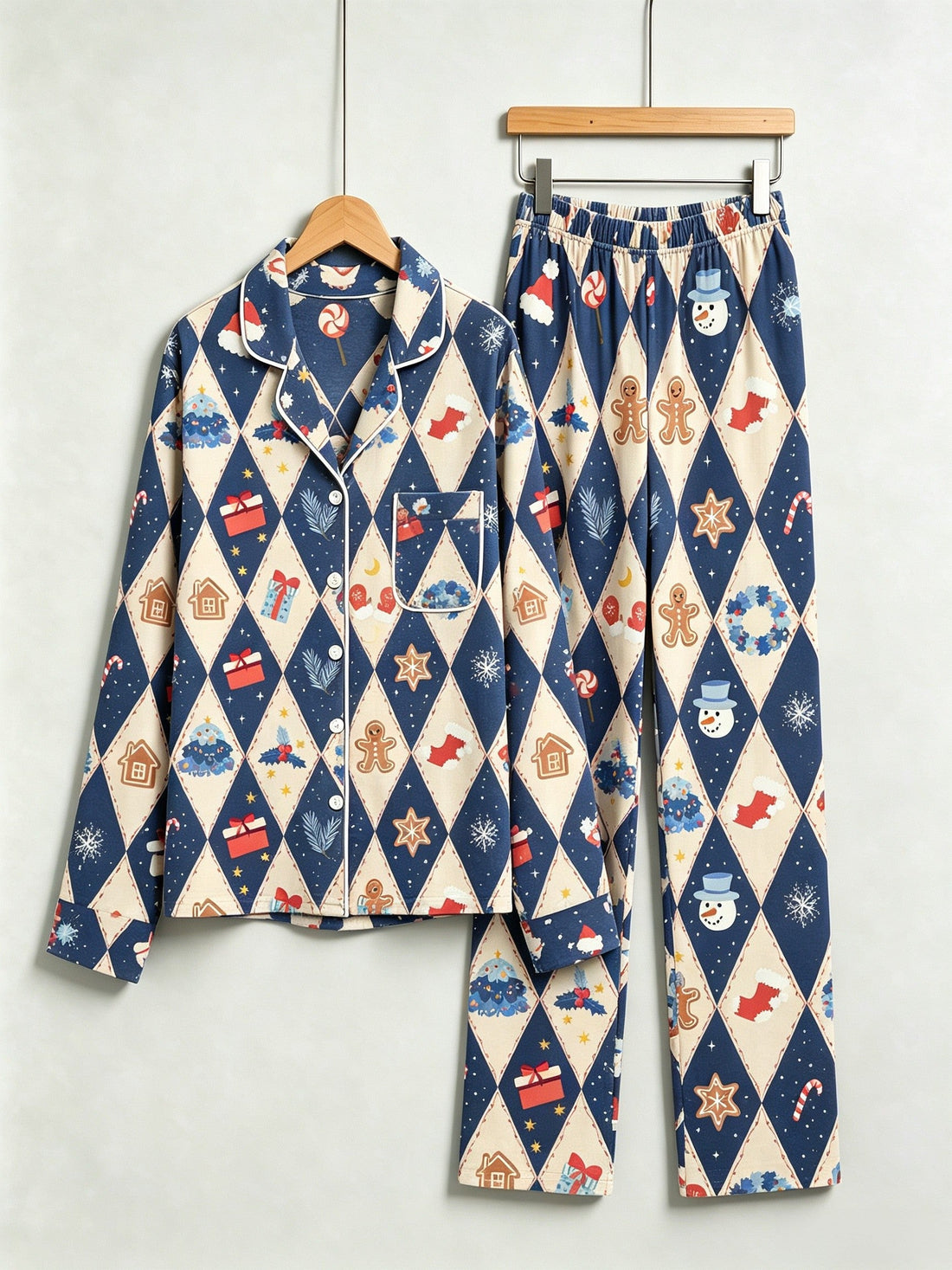 Matching Couple Christmas Pajamas - Blue Diamond Print Gingerbread Man & Gift Button-Down Set