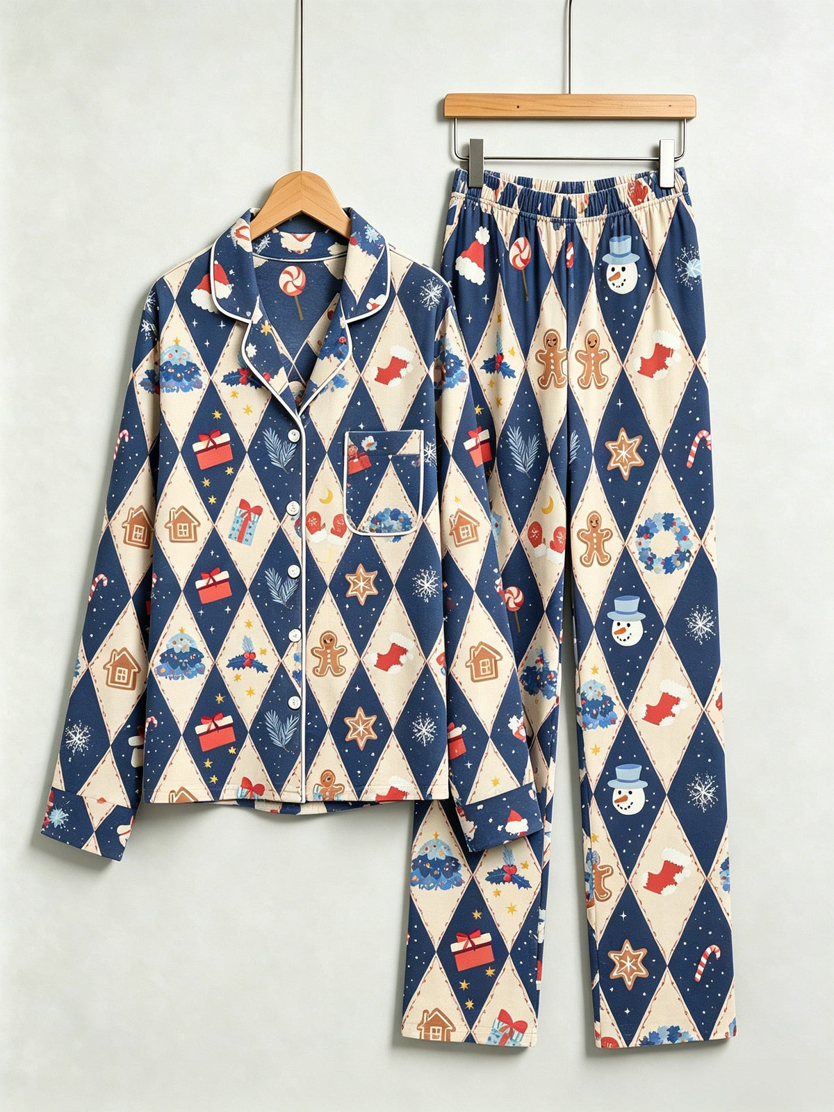 Matching Couple Christmas Pajamas - Blue Diamond Print Gingerbread Man & Gift Button-Down Set