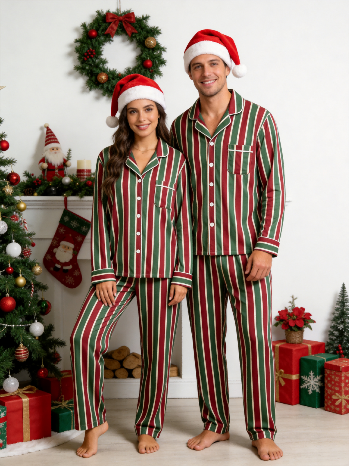 Matching Family Christmas Pajamas - Red & Green Vertical Striped Button-Down Sleep Set
