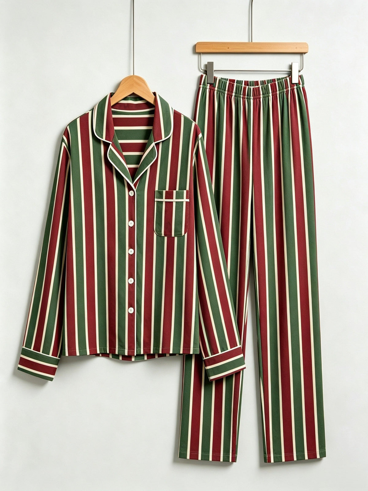 Matching Couple Christmas Pajamas - Red & Green Vertical Striped Button-Down Sleep Set