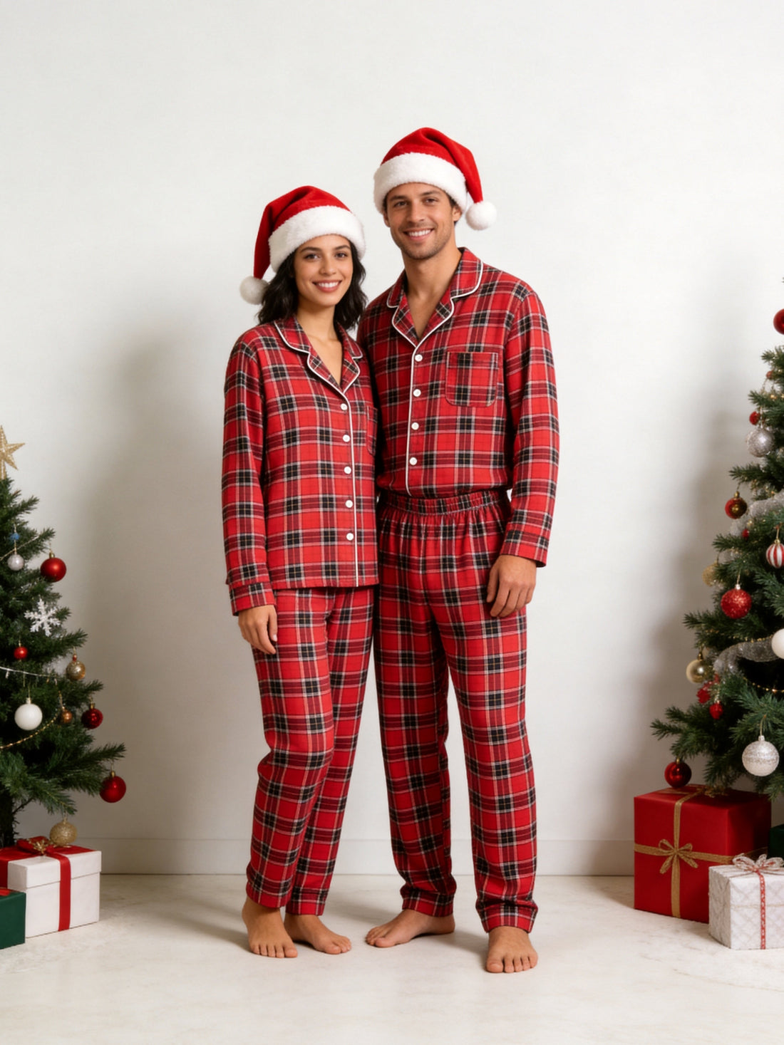 Matching Family Christmas Pajamas - Red & Black Tartan Plaid Button-Down Sleep Set