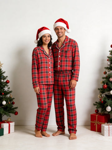 Matching Couple Christmas Pajamas - Red & Black Tartan Plaid Button-Down Sleep Set