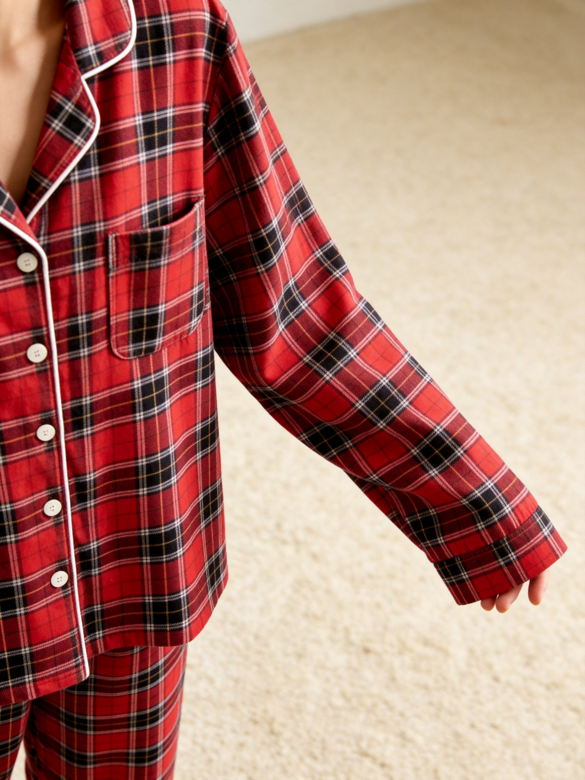 Matching Couple Christmas Pajamas - Red & Black Tartan Plaid Button-Down Sleep Set