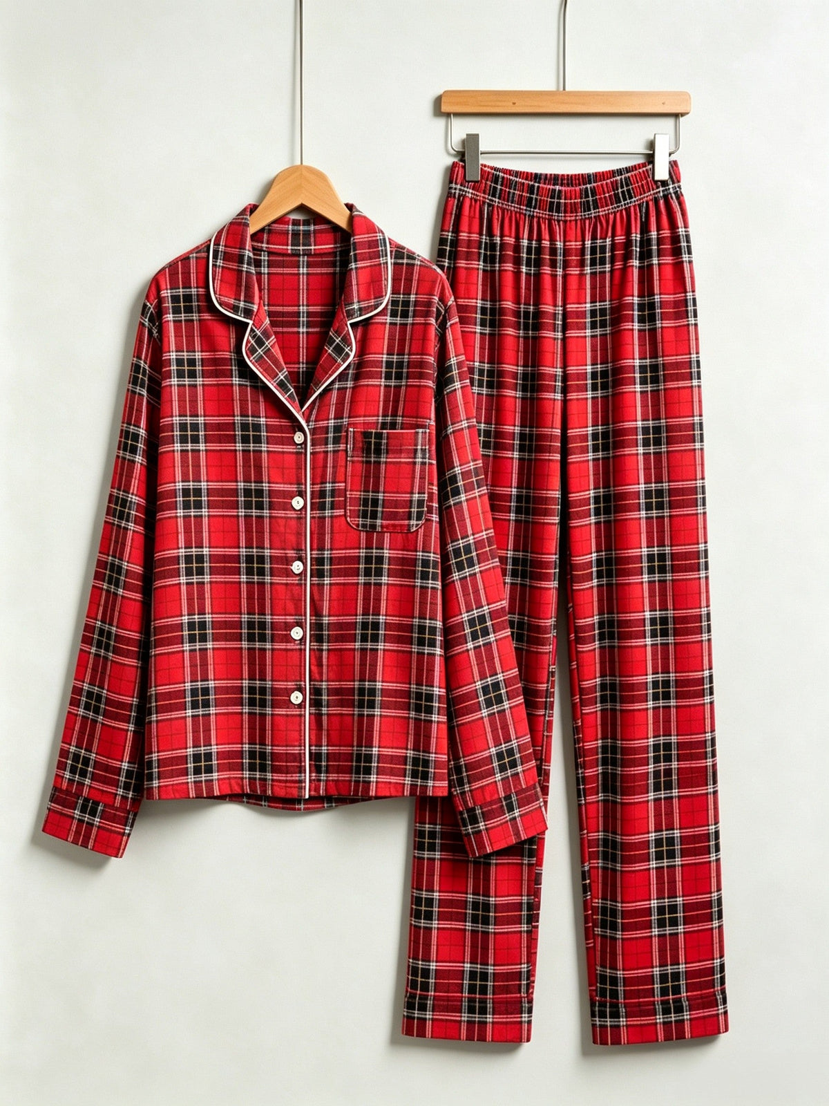 Matching Couple Christmas Pajamas - Red & Black Tartan Plaid Button-Down Sleep Set