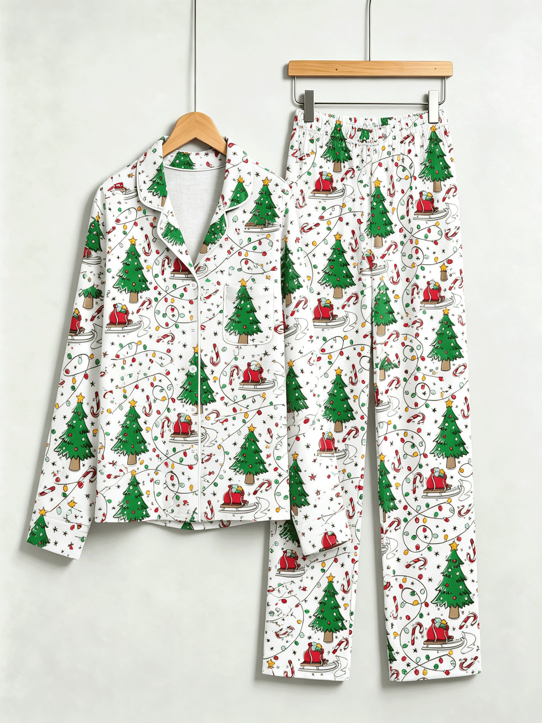 Matching Family Christmas Pajamas - White Christmas Tree & Santa Sleigh Print Sleep Set