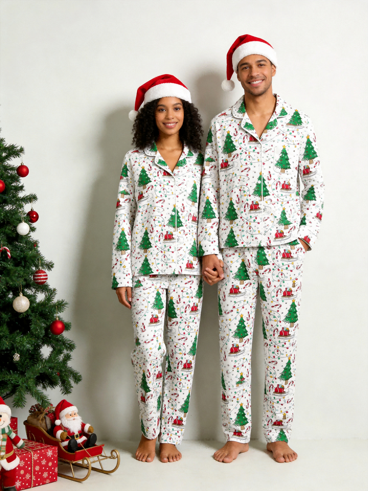 Matching Family Christmas Pajamas - White Christmas Tree & Santa Sleigh Print Sleep Set
