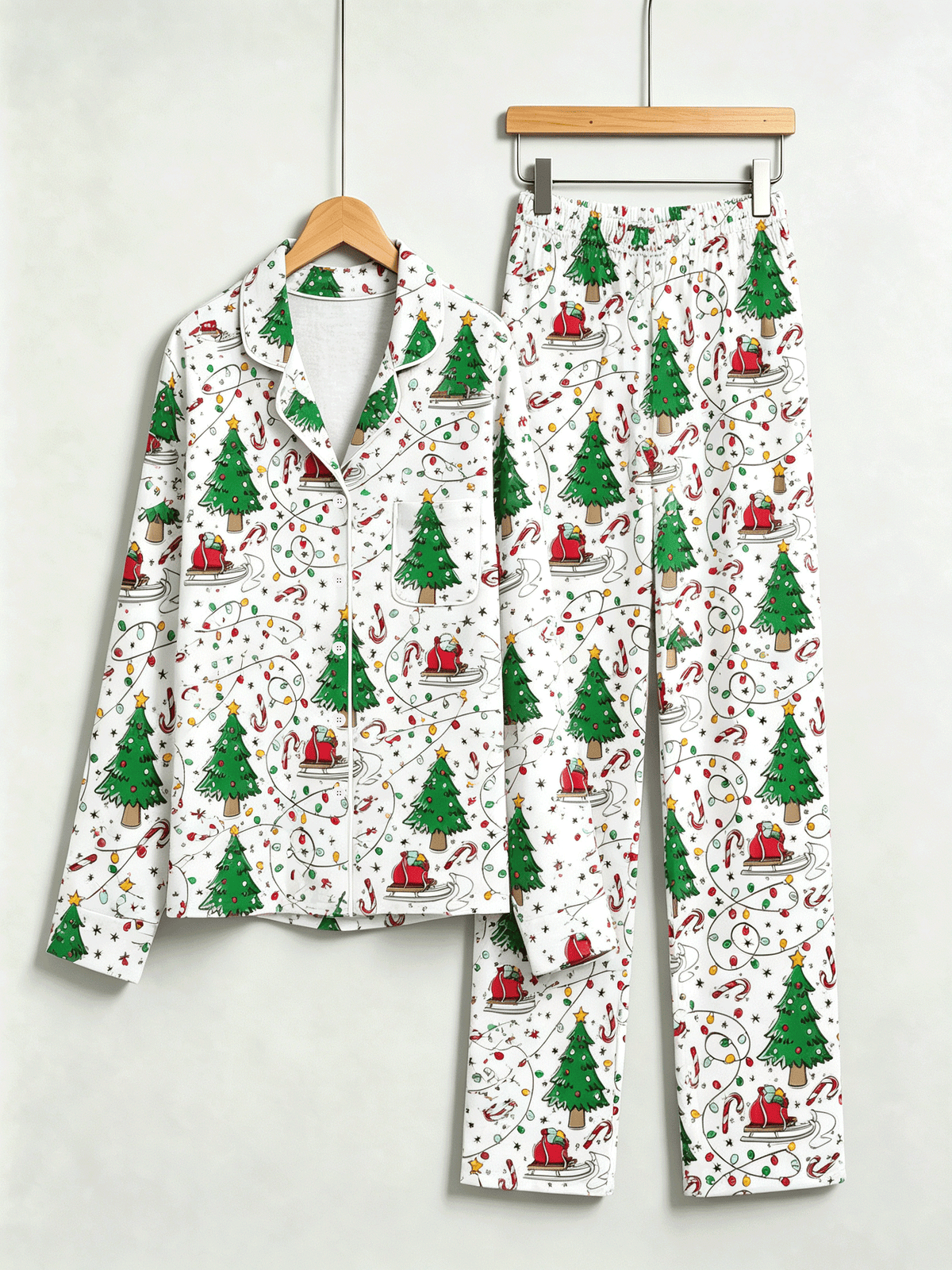 Matching Couple Christmas Pajamas - White Christmas Tree & Santa Sleigh Print Sleep Set