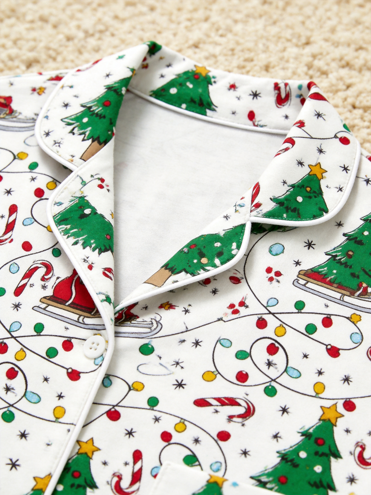 Matching Couple Christmas Pajamas - White Christmas Tree & Santa Sleigh Print Sleep Set