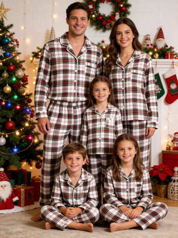 Matching Family Christmas Pajamas - Red, Green & White Tartan Plaid Button-Down Set
