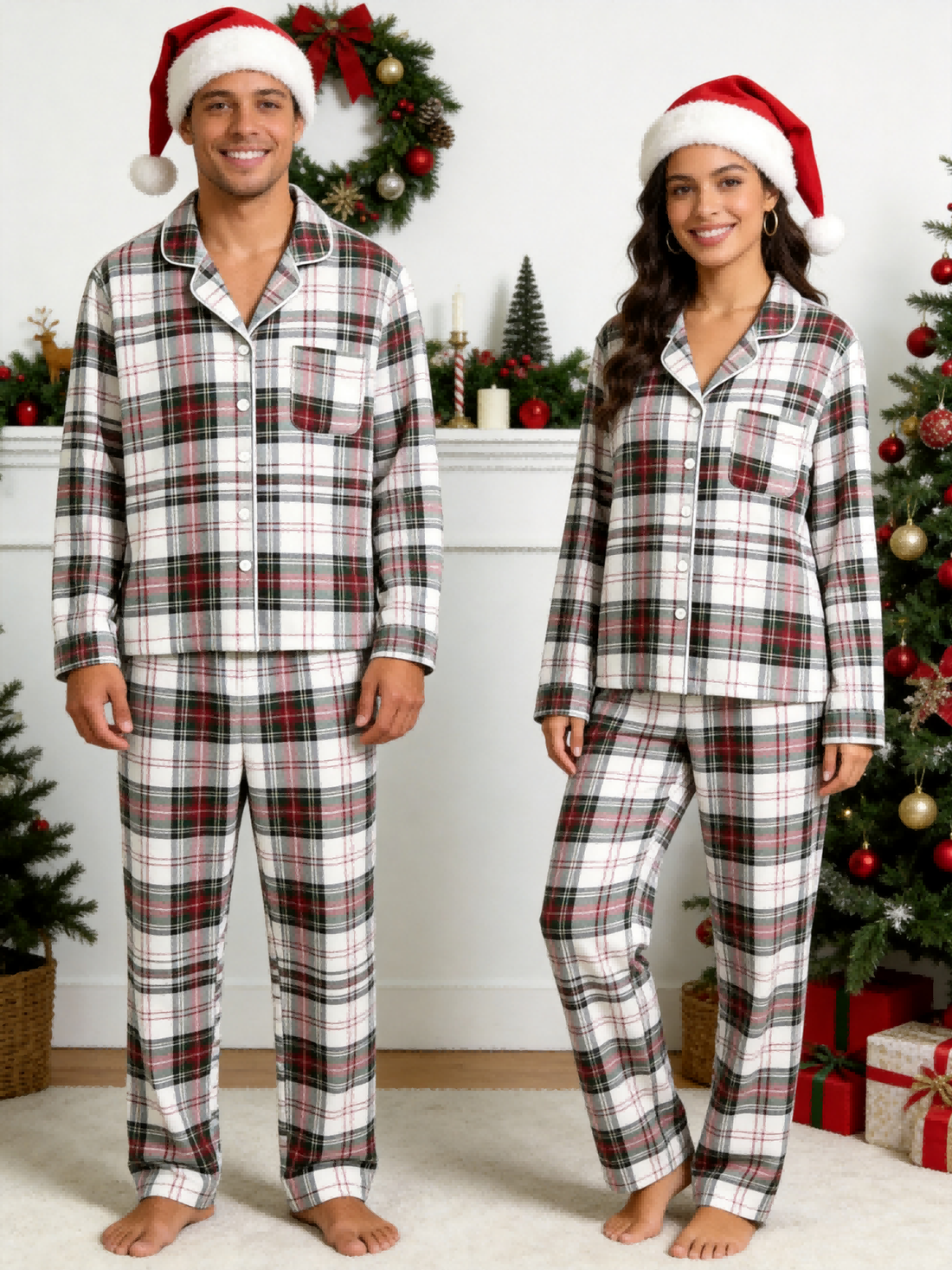 Matching Couple Christmas Pajamas - Red, Green & White Tartan Plaid Button-Down Set