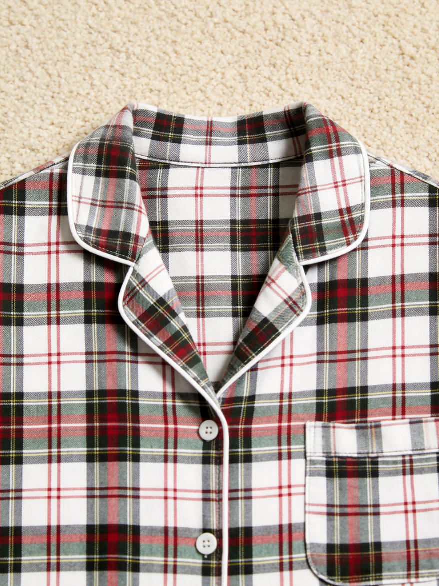 Matching Couple Christmas Pajamas - Red, Green & White Tartan Plaid Button-Down Set