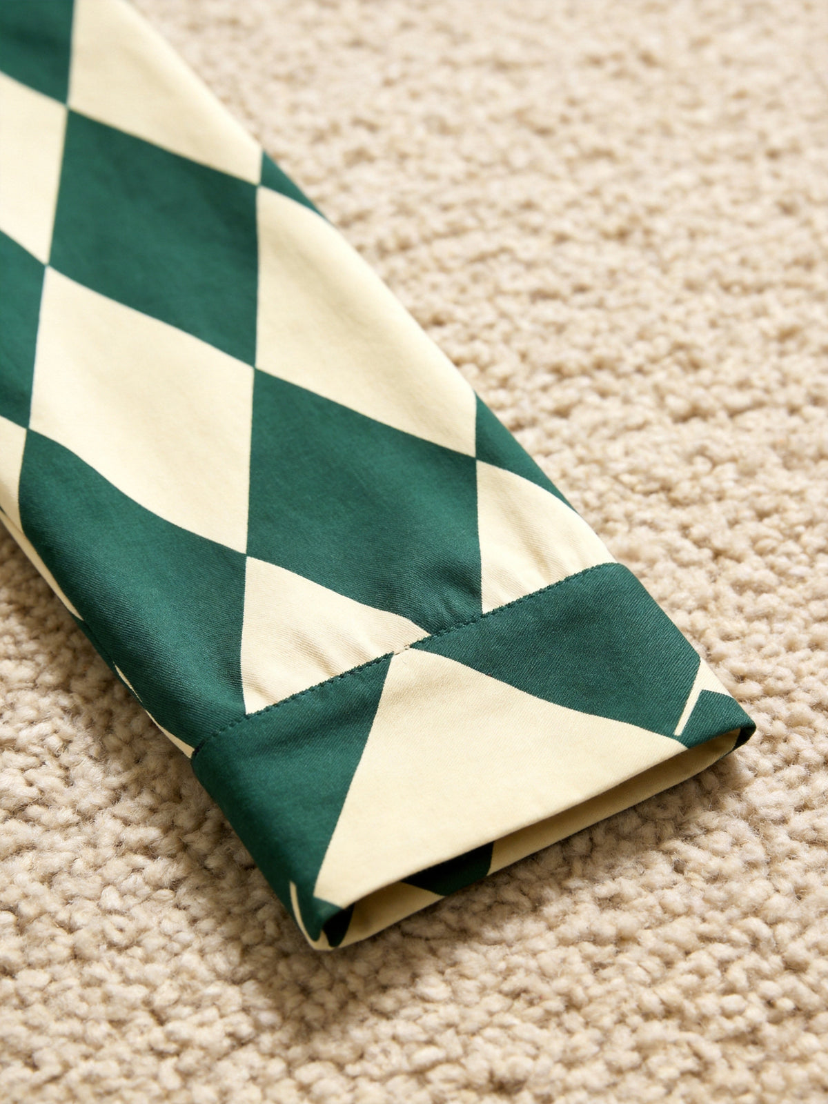 Matching Couple Christmas Pajamas - Dark Green & Beige Argyle Diamond Plaid Sleep Set