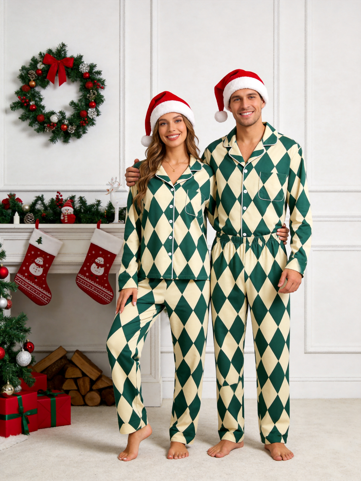 Matching Couple Christmas Pajamas - Dark Green & Beige Argyle Diamond Plaid Sleep Set