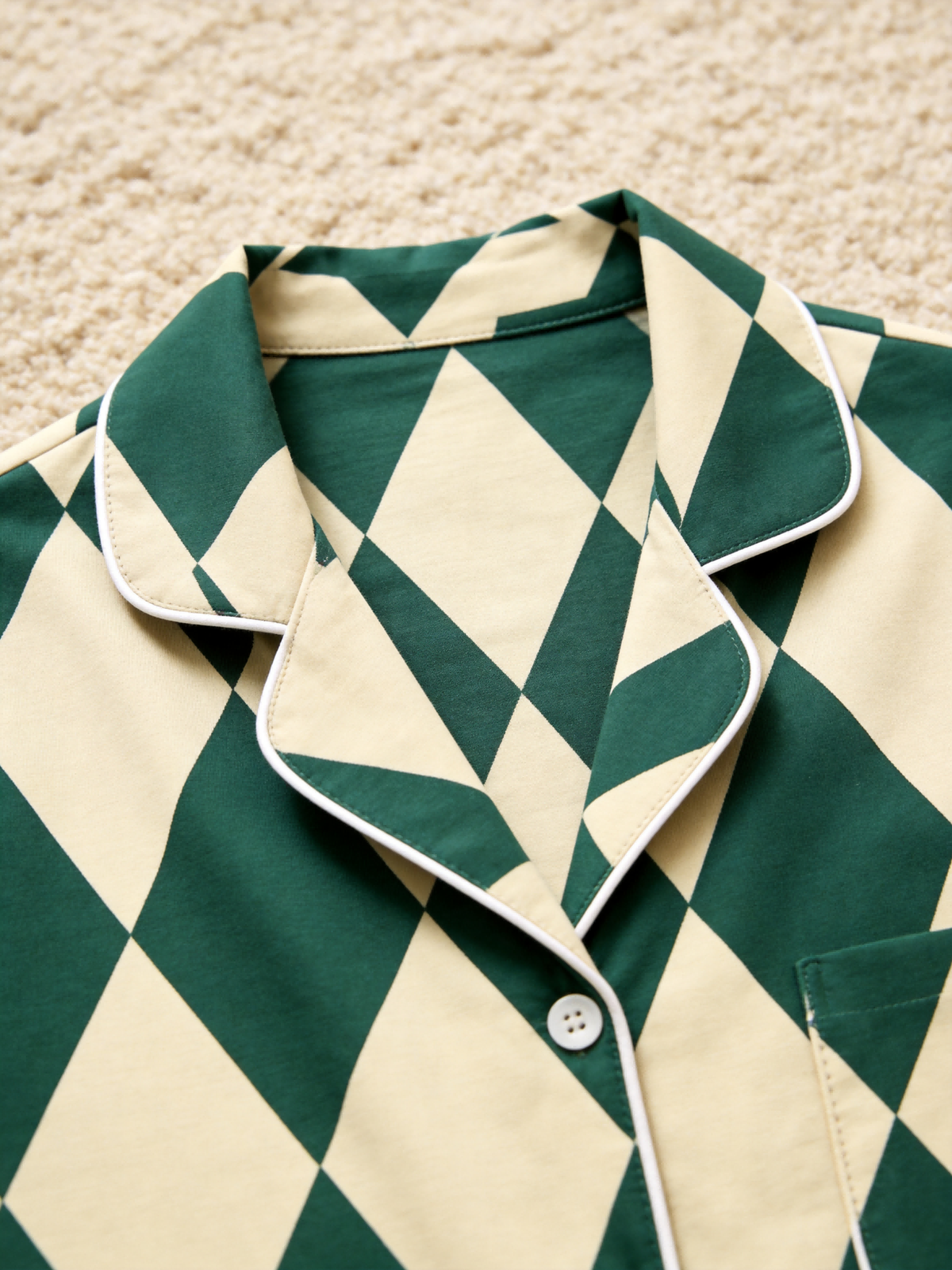 Matching Couple Christmas Pajamas - Dark Green & Beige Argyle Diamond Plaid Sleep Set