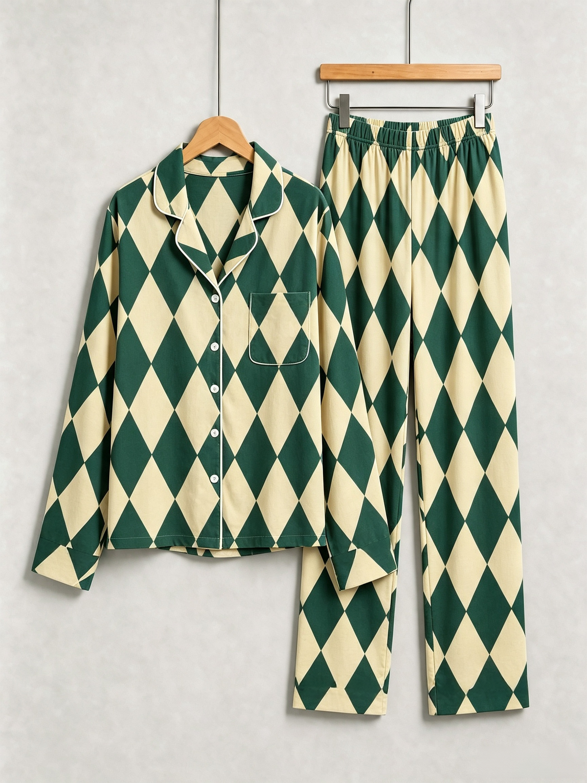 Matching Couple Christmas Pajamas - Dark Green & Beige Argyle Diamond Plaid Sleep Set